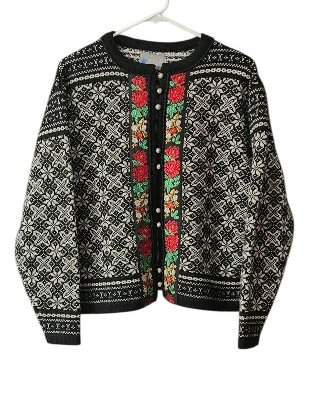Squaw Valley Vintage Wool Cardigan Women's M Fair Isle Nordic Floral Black White